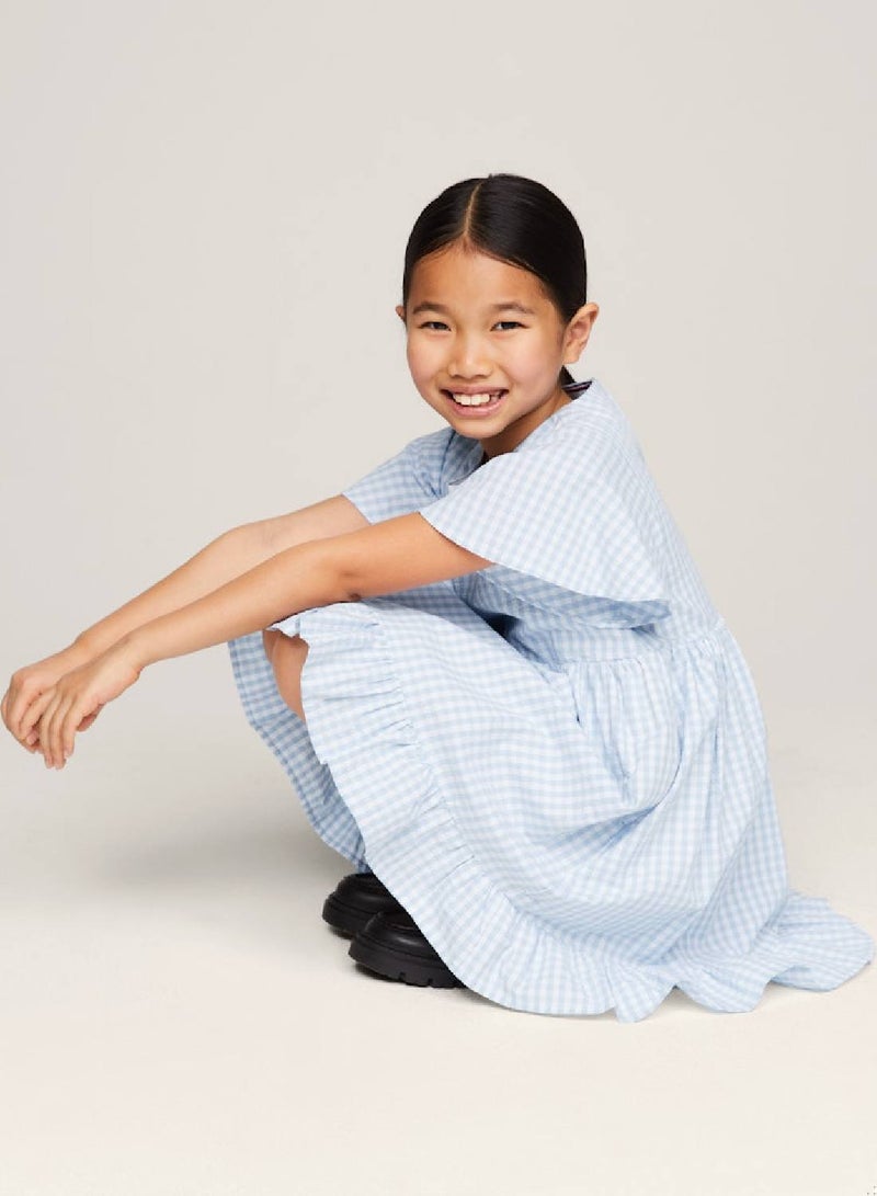 Girls' Gingham Check Dress And Scrunchie Set -  Pure cotton, Blue