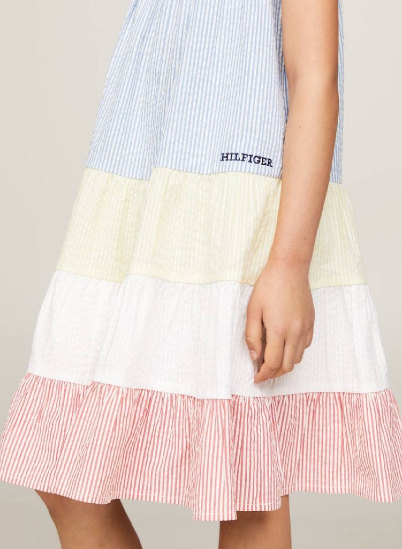 Girls' Mixed Stripe Seersucker Tiered Dress -  Pure cotton seersucker, Multicolor