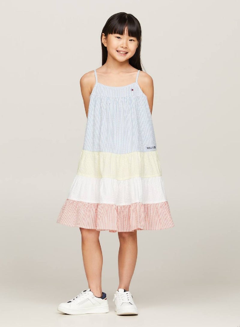 Girls' Mixed Stripe Seersucker Tiered Dress -  Pure cotton seersucker, Multicolor