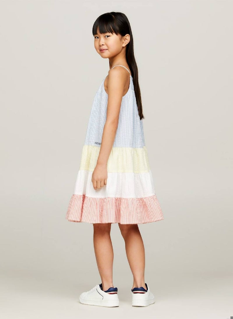 Girls' Mixed Stripe Seersucker Tiered Dress -  Pure cotton seersucker, Multicolor