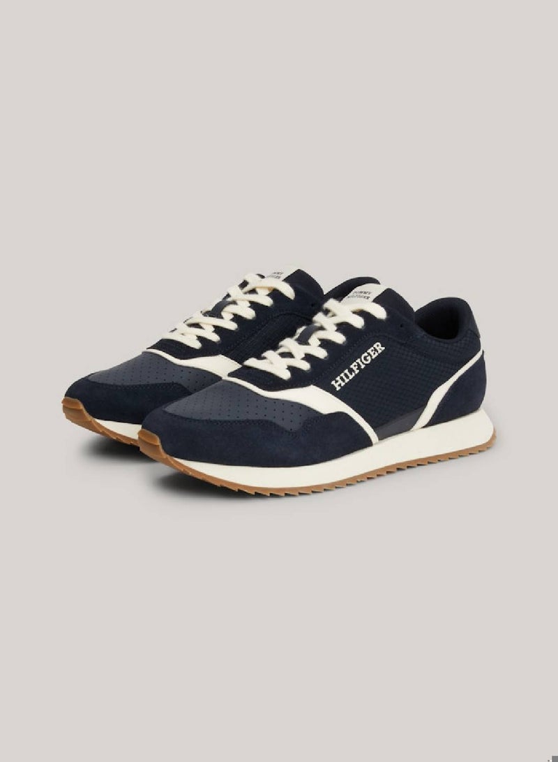 Men's Leather Mixed Texture Runner Trainers -  Leather mix upper, Blue