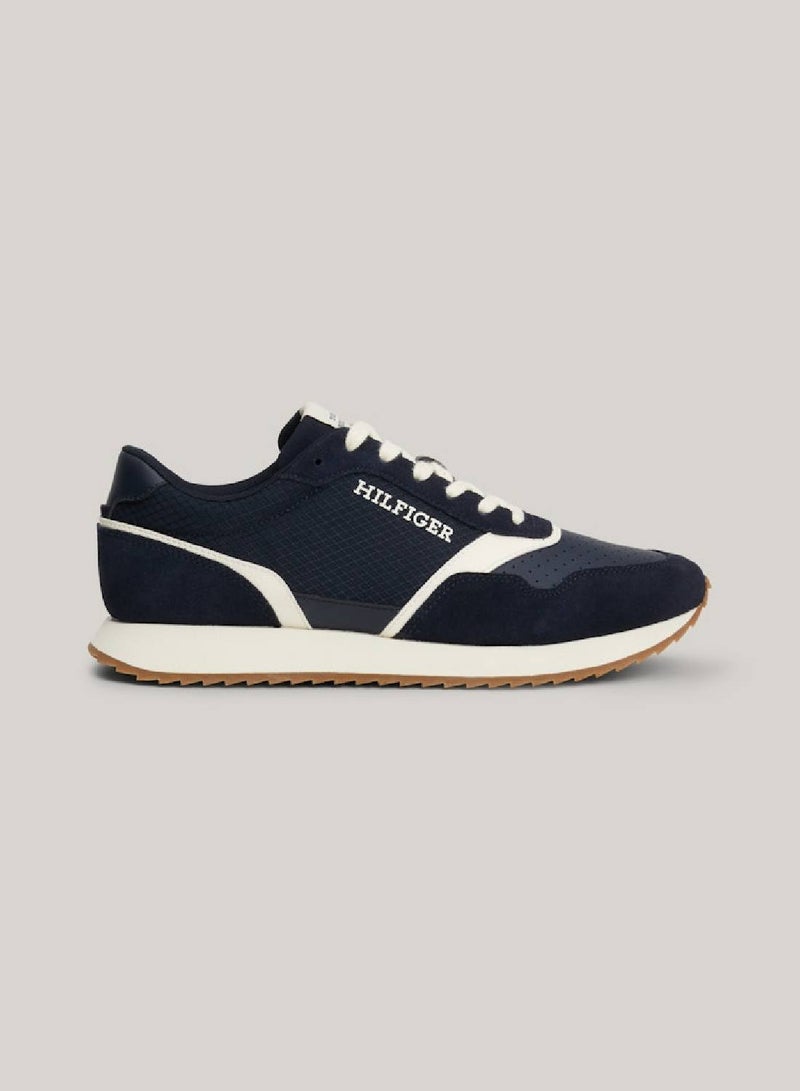 Men's Leather Mixed Texture Runner Trainers -  Leather mix upper, Blue