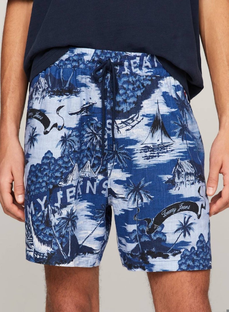 Men's Hawaiian Print Beach Shorts -  EcoVero™ viscose and linen blend, Multicolor