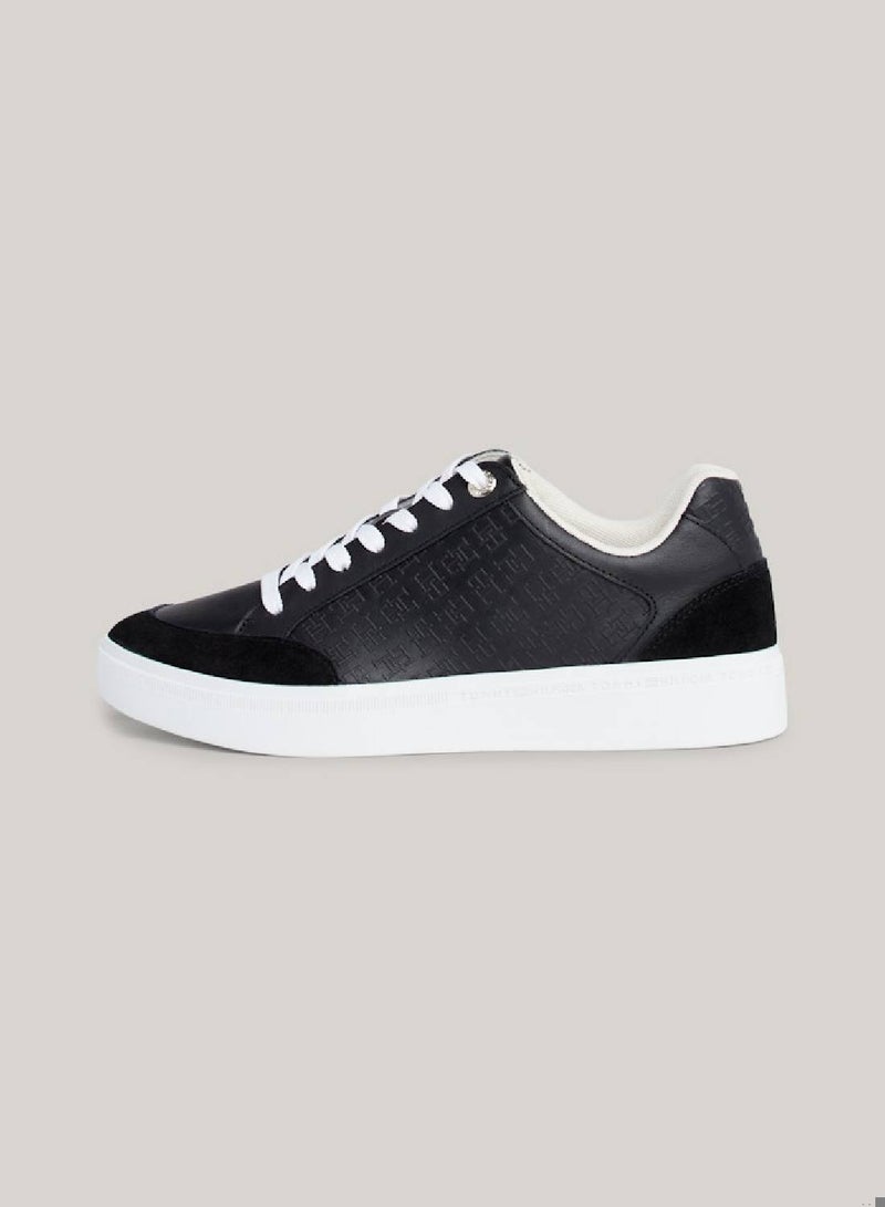 Women's Th Monogram Leather Mixed Texture Trainers -  Leather upper, Black