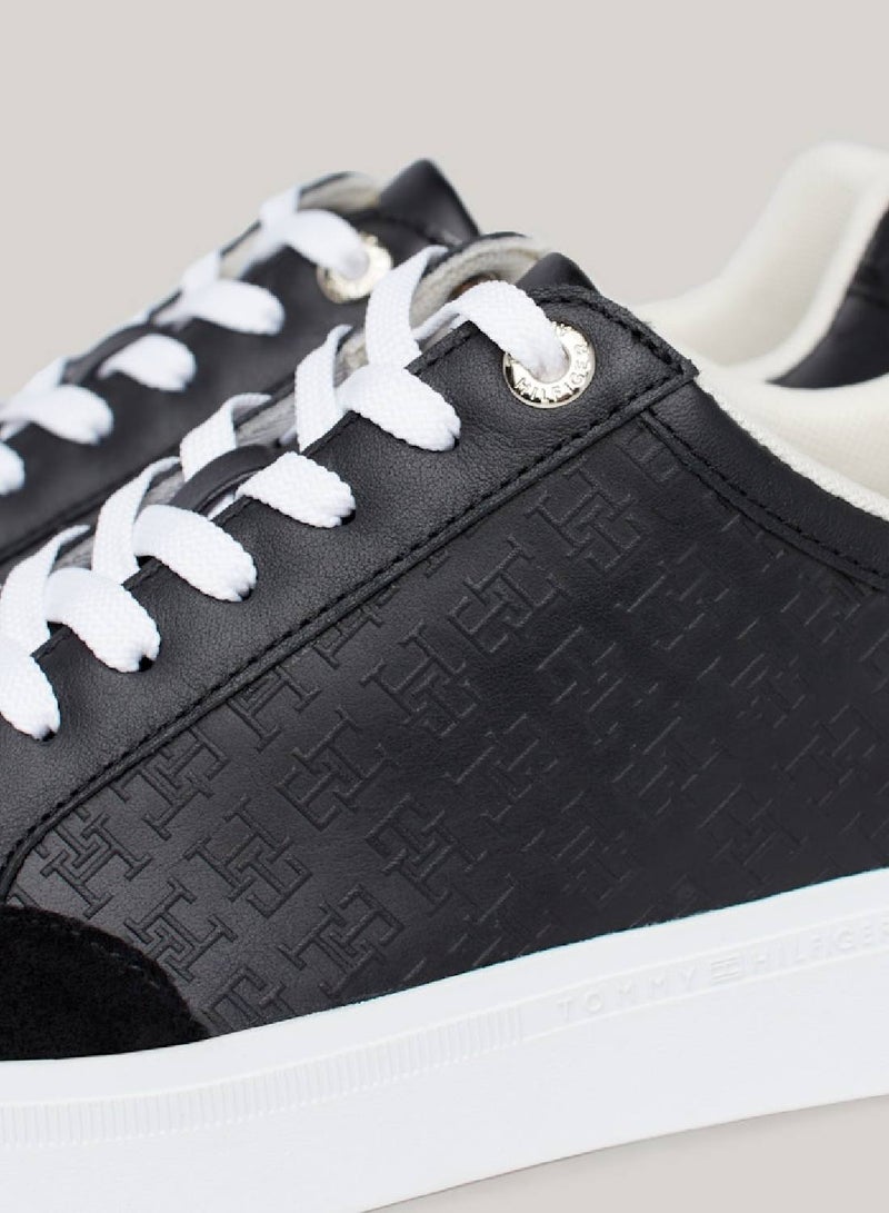 Women's Th Monogram Leather Mixed Texture Trainers -  Leather upper, Black