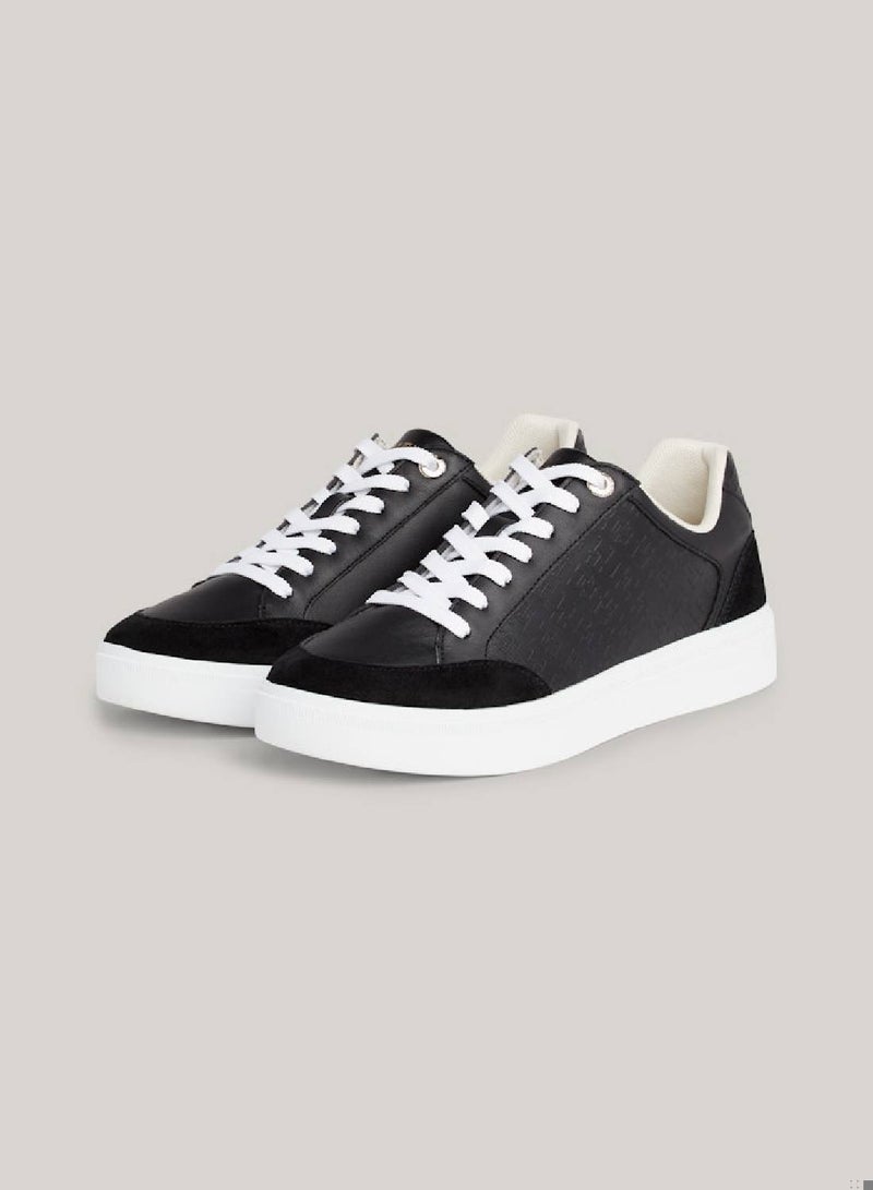 Women's Th Monogram Leather Mixed Texture Trainers -  Leather upper, Black