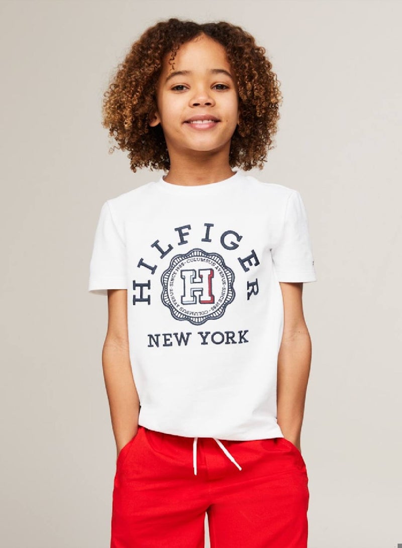 Boys' Hilfiger Monotype Archive Crest Logo Embroidery T-Shirt -  Pure cotton, White