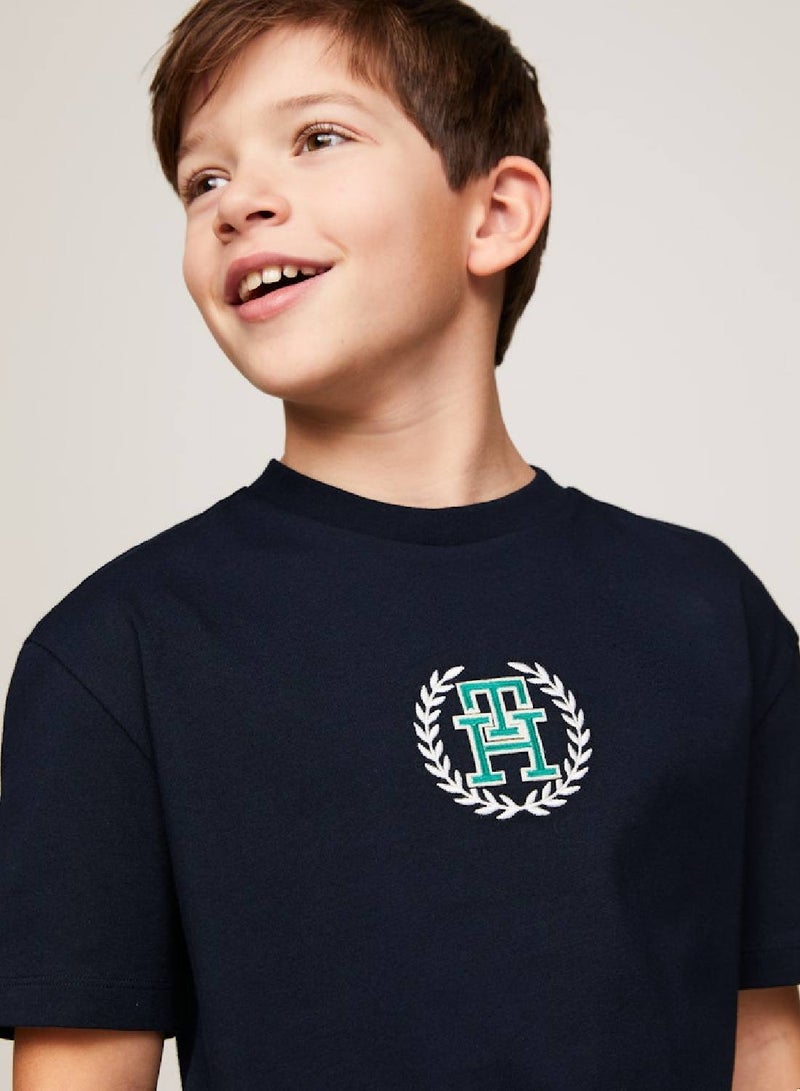 Boys' Th Monogram Crest Logo T-Shirt -  Pure cotton, Blue