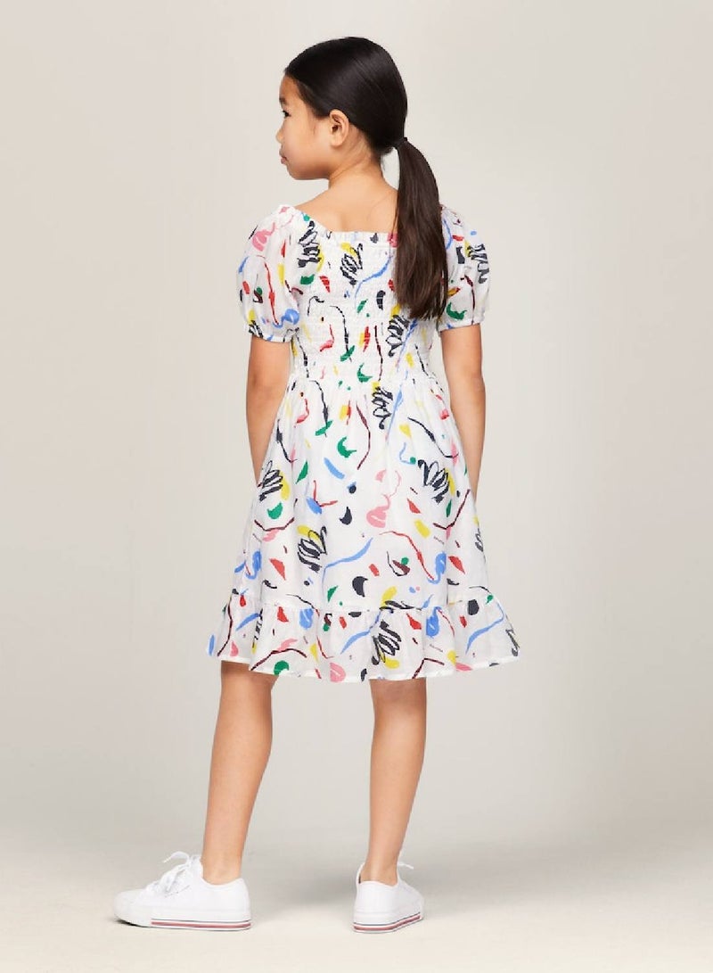 Girls' Abstract Print Smock Dress -  Pure organic cotton, Multicolor