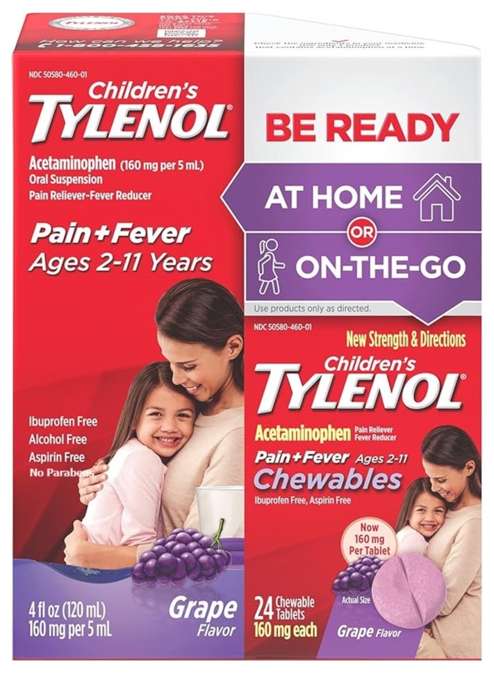 Children's Tylenol Liquid (4 fl. oz) & Chewable (24 ct), Pain Relief, Grape, 2 pc Bundle