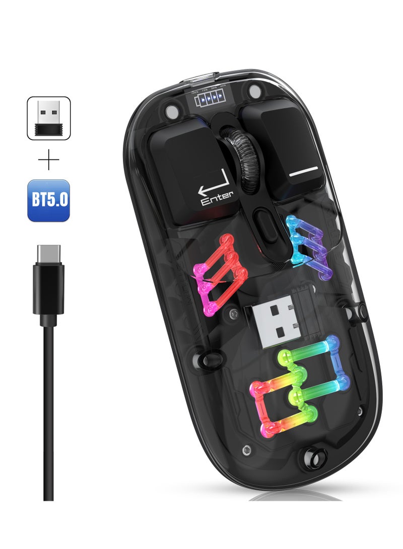 HXSJ T200 dual-mode transparent wireless mouse 2.4G/Bluetooth 5.0 rechargeable mouse magnetic design RGB lighting black