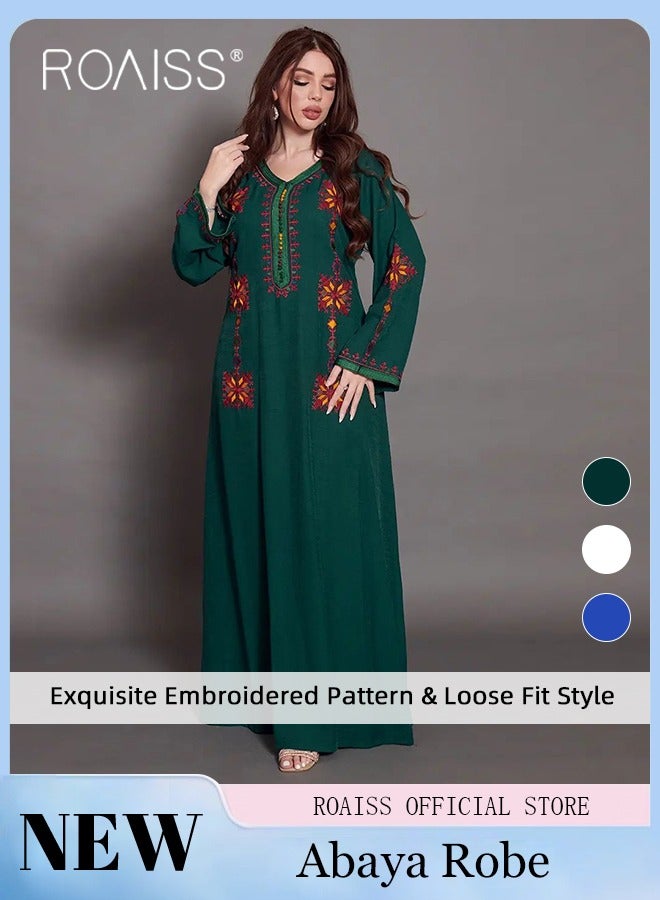 Embroidered Floral Abaya Robes for Women Comfy Soft Arabic Long Dress for Muslim Party Ramadan Stylish Quilted V-Collar Plus Size Moroccan Kaftan