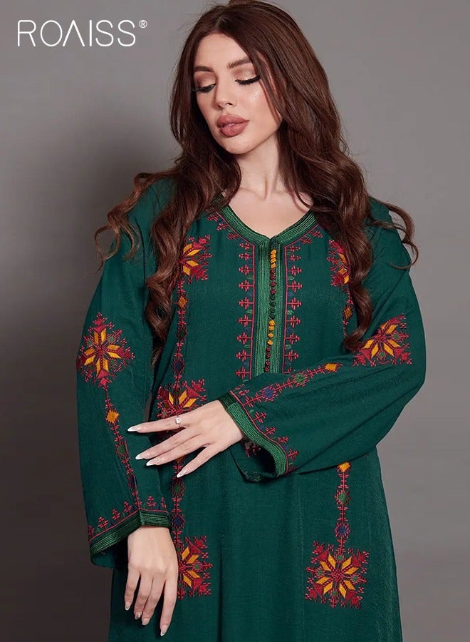 Embroidered Floral Abaya Robes for Women Comfy Soft Arabic Long Dress for Muslim Party Ramadan Stylish Quilted V-Collar Plus Size Moroccan Kaftan