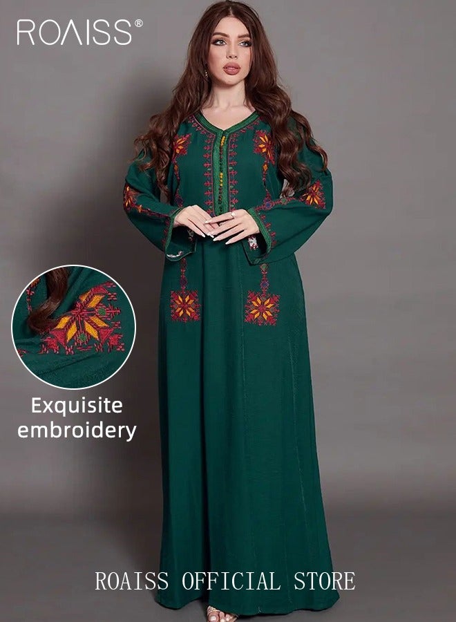 Embroidered Floral Abaya Robes for Women Comfy Soft Arabic Long Dress for Muslim Party Ramadan Stylish Quilted V-Collar Plus Size Moroccan Kaftan