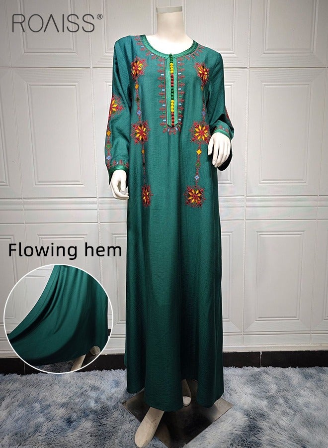 Embroidered Floral Abaya Robes for Women Comfy Soft Arabic Long Dress for Muslim Party Ramadan Stylish Quilted V-Collar Plus Size Moroccan Kaftan