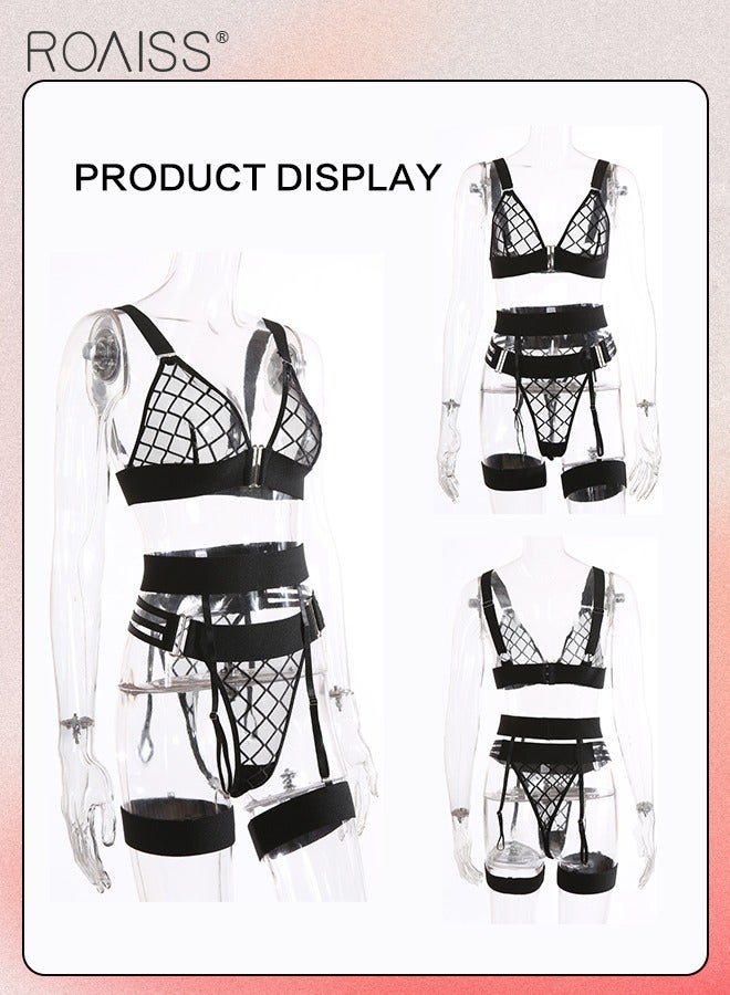 3Pcs Mesh Underwear Set for Women Summer Maid Tight Waist Lingerie Suit Ladies Adjustible Wide Shoulder Straps Hollow Intimates Adult Charming Cosplay Costumes Includes Garters