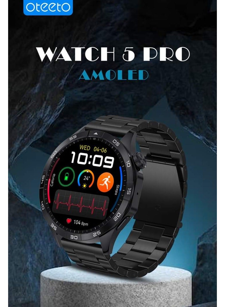 Oteeto Watch 5 pro  1.43 Inch AMOLED Display Smart watch With 2 Pair Strap and Wireless Charger For Men's Black