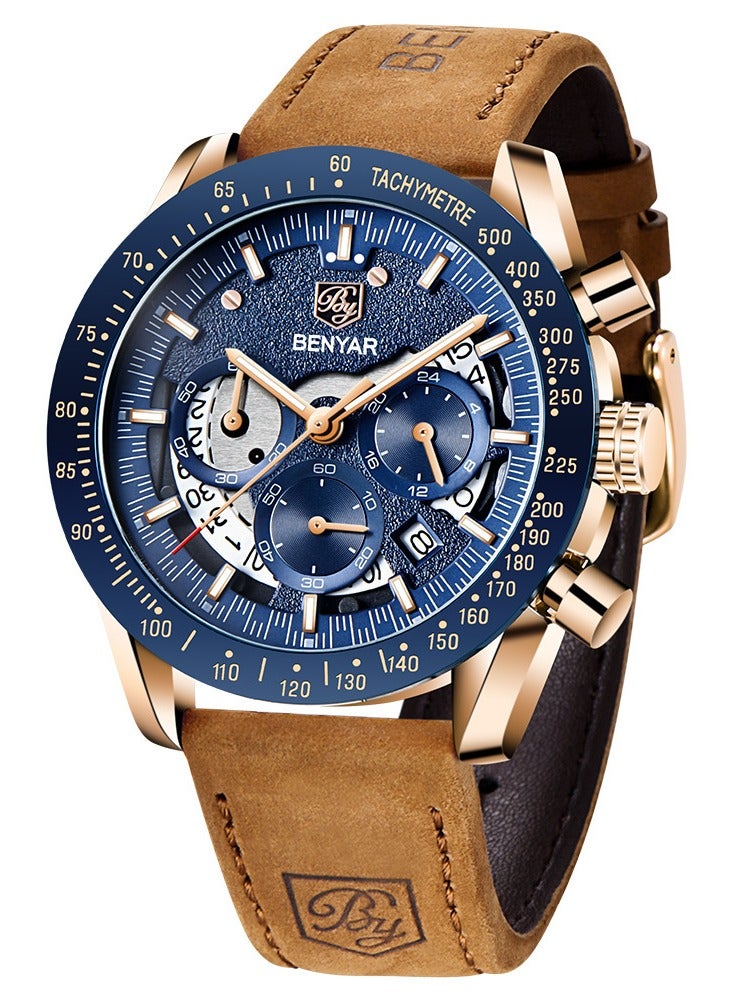 Watches for Men Luxury Quartz Water Resistant Watch Men's Chronograph Genuine Leather Strap 5120