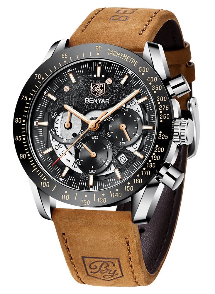 Watches for Men Luxury Quartz Water Resistant Watch Men's Chronograph Genuine Leather Strap 5120 Brown