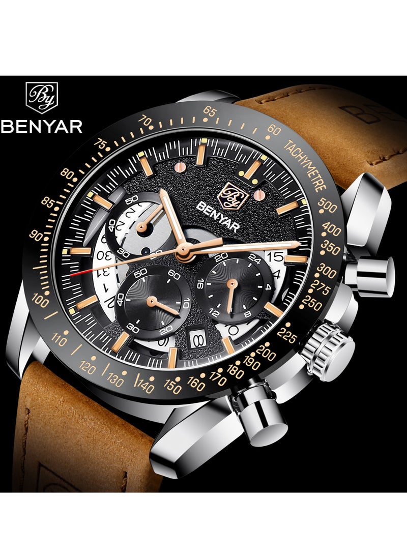 Watches for Men Luxury Quartz Water Resistant Watch Men's Chronograph Genuine Leather Strap 5120 Brown