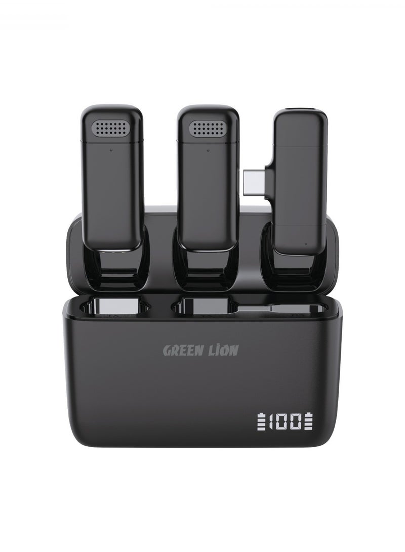 Duo Cast Wireless Mic Type-C / Up To 7H Working Duration / Long Distance Transmission / 2.4Ghz Digital Frequency / 3 Times Charging Case / 20 Transmission Range / Automatic Pairing - Black