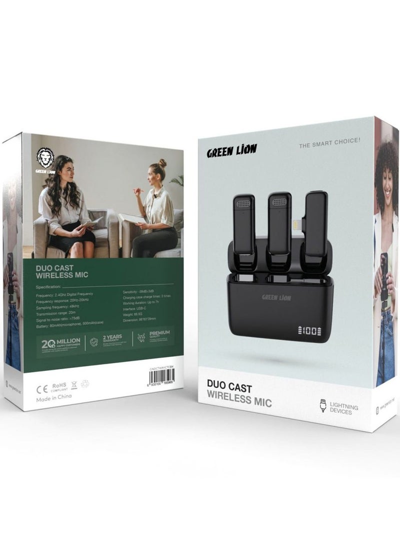 Duo Cast Wireless Mic Type-C / Up To 7H Working Duration / Long Distance Transmission / 2.4Ghz Digital Frequency / 3 Times Charging Case / 20 Transmission Range / Automatic Pairing - Black