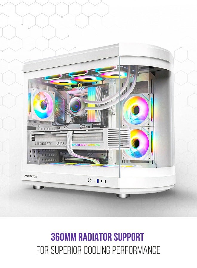 Tortox Vidrio Curved Tempered Glass ATX/M-ATX/Mini-ITX Gaming PC Case, 6 ARGB PWM Fans Pre-Installed, Type-C USB Port, 360mm Radiator Support, Excellent Airflow