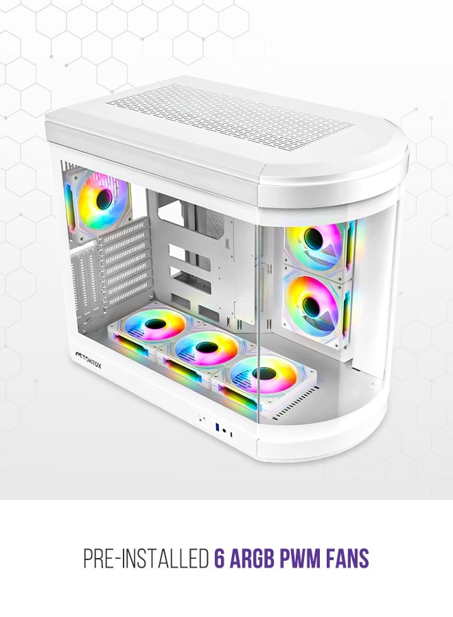 Tortox Vidrio Curved Tempered Glass ATX/M-ATX/Mini-ITX Gaming PC Case, 6 ARGB PWM Fans Pre-Installed, Type-C USB Port, 360mm Radiator Support, Excellent Airflow