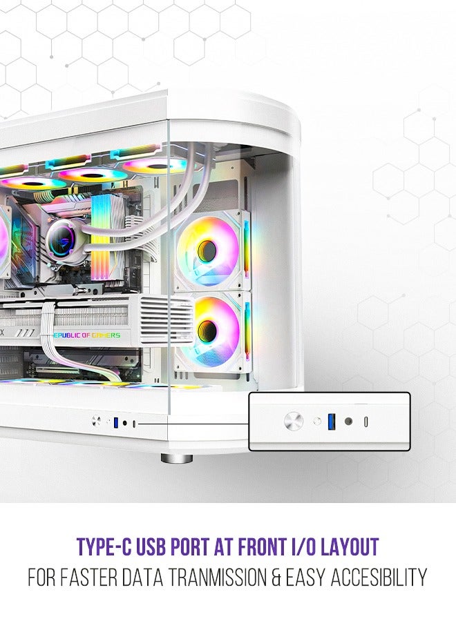 Tortox Vidrio Curved Tempered Glass ATX/M-ATX/Mini-ITX Gaming PC Case, 6 ARGB PWM Fans Pre-Installed, Type-C USB Port, 360mm Radiator Support, Excellent Airflow