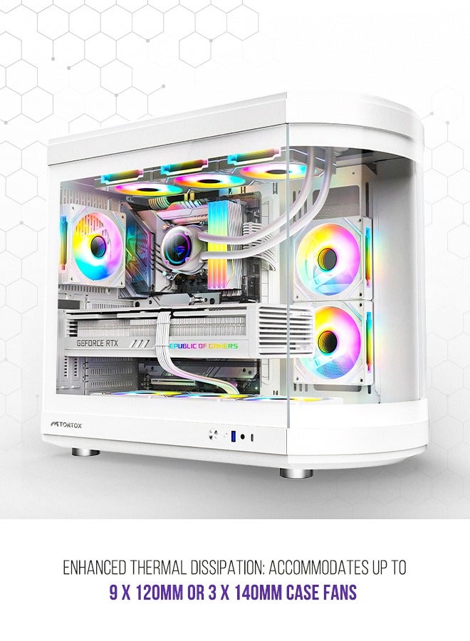 Tortox Vidrio Curved Tempered Glass ATX/M-ATX/Mini-ITX Gaming PC Case, 6 ARGB PWM Fans Pre-Installed, Type-C USB Port, 360mm Radiator Support, Excellent Airflow