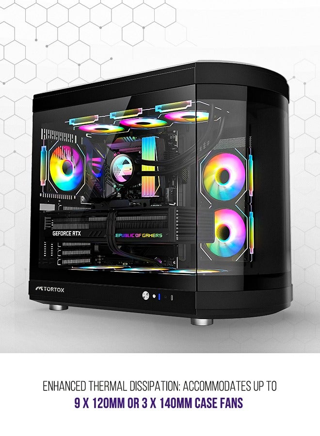 Tortox Vidrio Curved Tempered Glass ATX/M-ATX/Mini-ITX Gaming PC Case, 6 ARGB PWM Fans Pre-Installed, Type-C USB Port, 360mm Radiator Support, Excellent Airflow