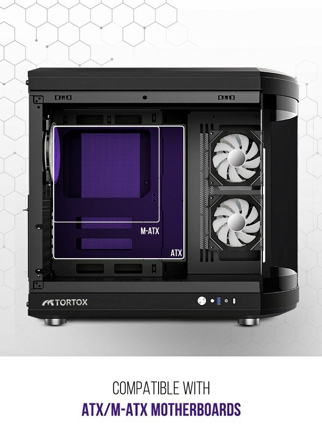 Tortox Vidrio Curved Tempered Glass ATX/M-ATX/Mini-ITX Gaming PC Case, 6 ARGB PWM Fans Pre-Installed, Type-C USB Port, 360mm Radiator Support, Excellent Airflow