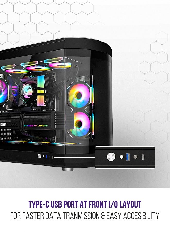 Tortox Vidrio Curved Tempered Glass ATX/M-ATX/Mini-ITX Gaming PC Case, 6 ARGB PWM Fans Pre-Installed, Type-C USB Port, 360mm Radiator Support, Excellent Airflow