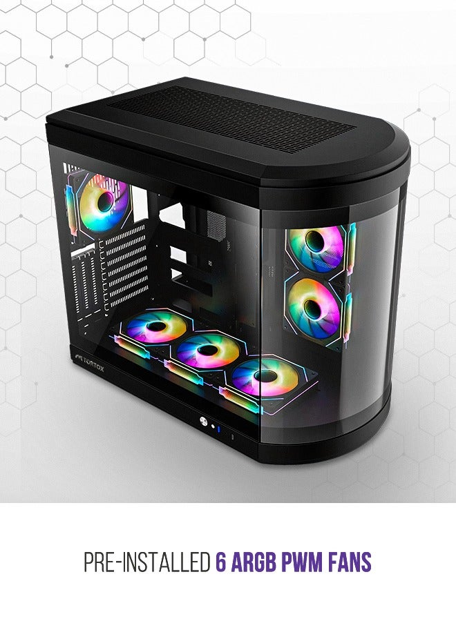 Tortox Vidrio Curved Tempered Glass ATX/M-ATX/Mini-ITX Gaming PC Case, 6 ARGB PWM Fans Pre-Installed, Type-C USB Port, 360mm Radiator Support, Excellent Airflow