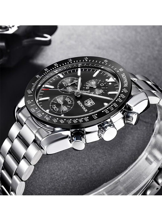 Men's Quartz Watches, Luminous, Sports Timing, Casual Fashion, 30 Meters Waterproof, Silver-Black Dial, Steel Band