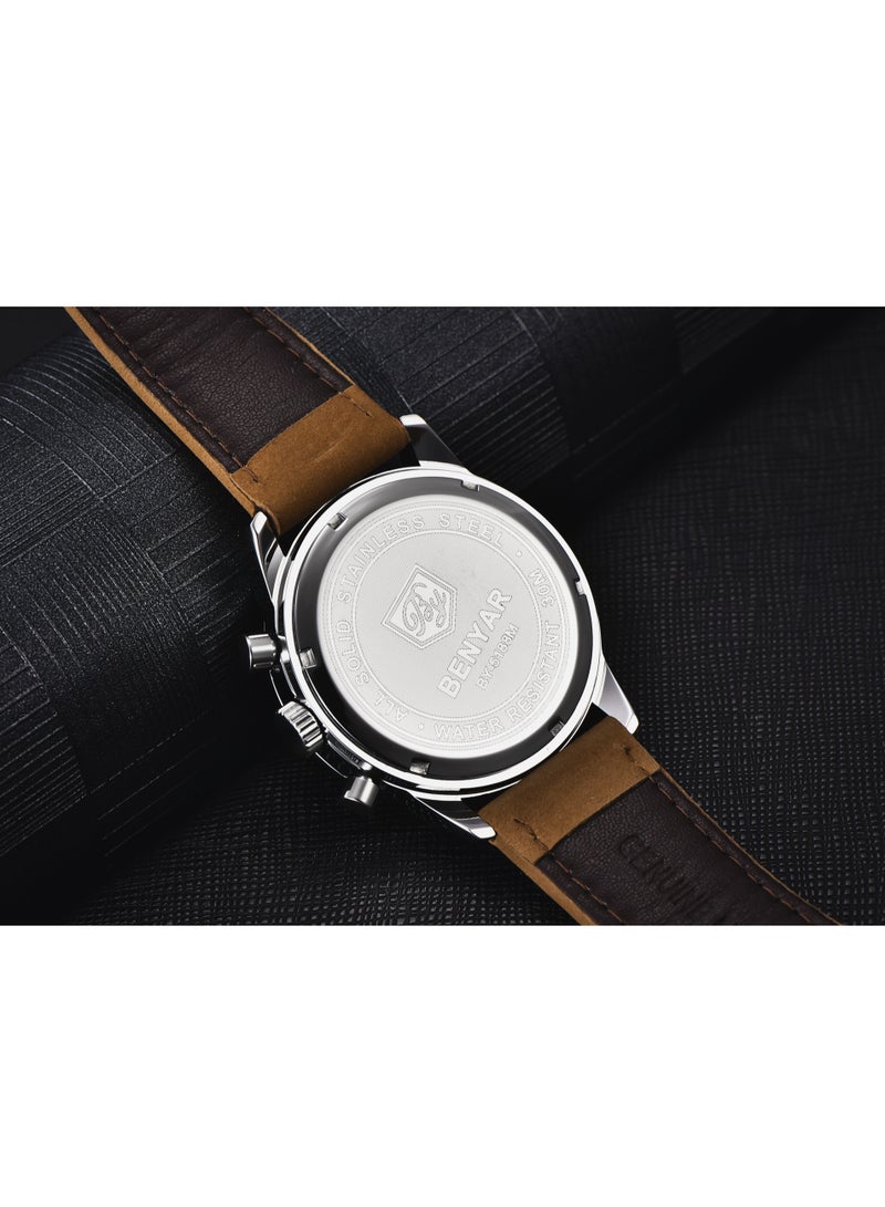 Watches for Men Luxury Quartz Water Resistant Watch Men's Chronograph Genuine Leather Strap 5188