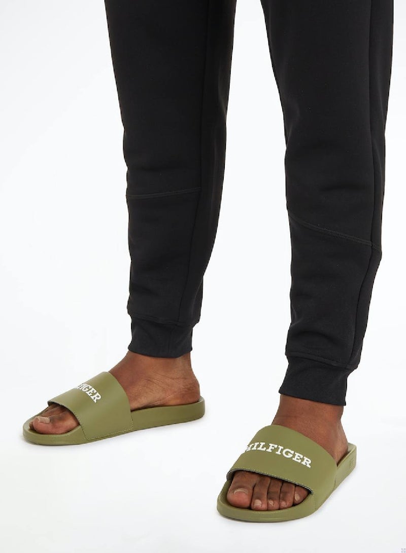 Men's Hilfiger Monotype Logo Strap Pool Slides -  Mixed upper: polyurethane, polyester, Green