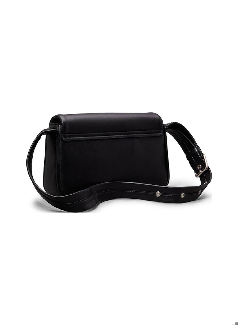 Women's Block East-West Flap Shoulder Bag - Faux Leather, Black