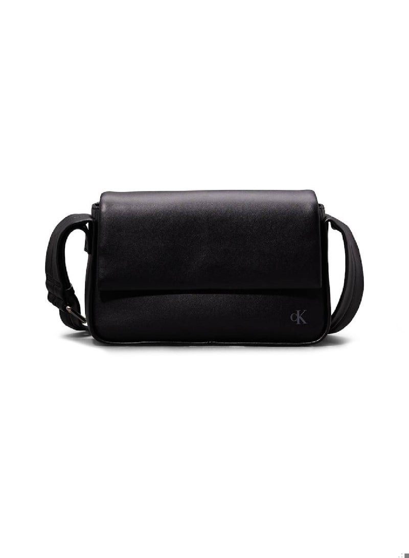 Women's Block East-West Flap Shoulder Bag - Faux Leather, Black