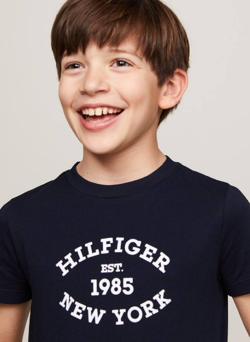 Boys' Hilfiger Monotype Flock Logo T-Shirt -  Pure cotton, Blue