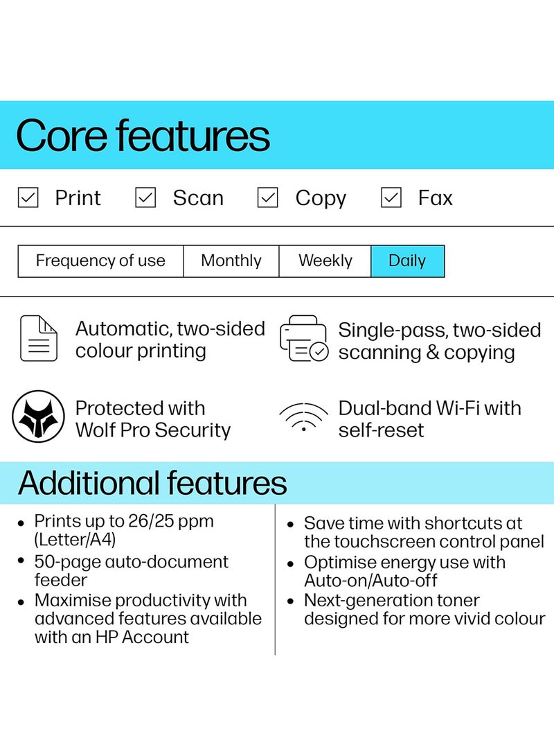 Color LaserJet Pro MFP 3303fdw Printer, Print Speed Up to 25 ppm, Ethernet, USB, Wi-Fi, Dynamic Security Enabled, 100 Sheets Output Tray, 4.3