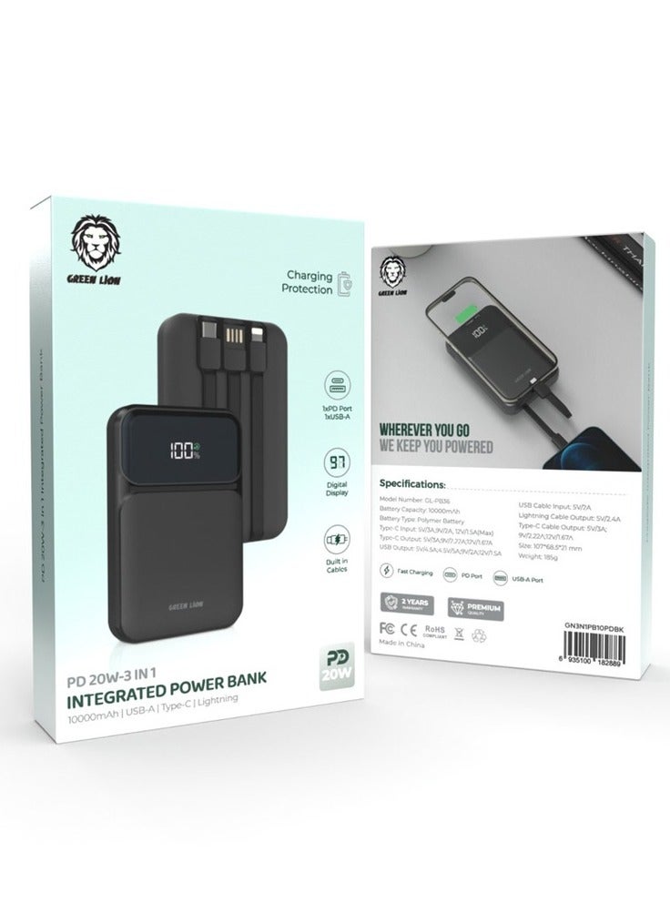 3 in 1 Integrated 10000mAh Power Bank PD 20W / Fast Charging / Digital Display / USB-A Port / Built-In Cables / Charging Protection / Polymer Battery Type - Black