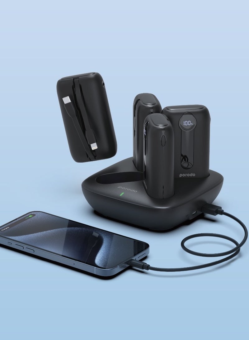 4in1 Station 10000mAh PD20W Power Bank with inbuilt cable Type-C and Lighting - Black