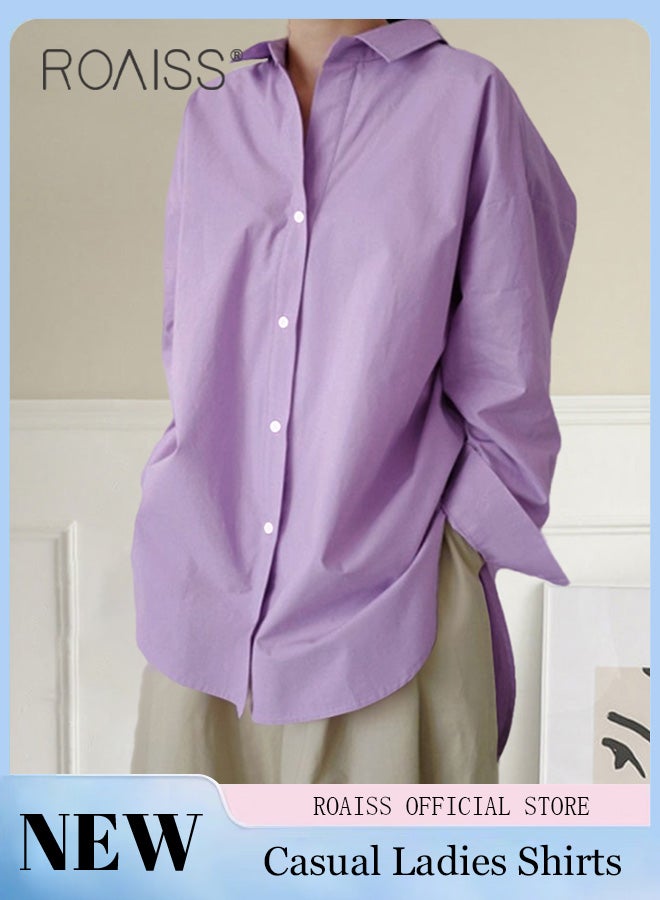 Ladies Comfortable Lapel Shirt for Daily Commute - Single-Breasted Long Sleeve Top with Simple Solid Color Design and Loose Fit