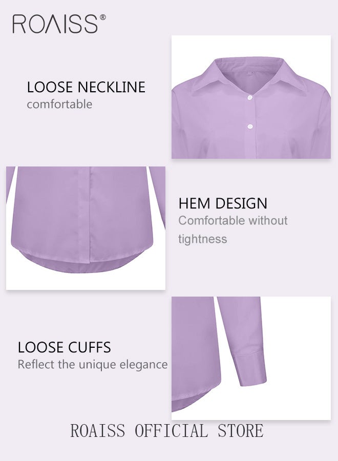 Ladies Comfortable Lapel Shirt for Daily Commute - Single-Breasted Long Sleeve Top with Simple Solid Color Design and Loose Fit
