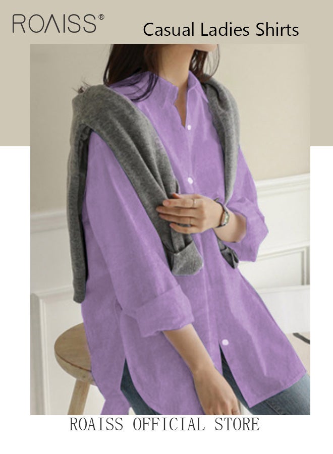 Ladies Comfortable Lapel Shirt for Daily Commute - Single-Breasted Long Sleeve Top with Simple Solid Color Design and Loose Fit