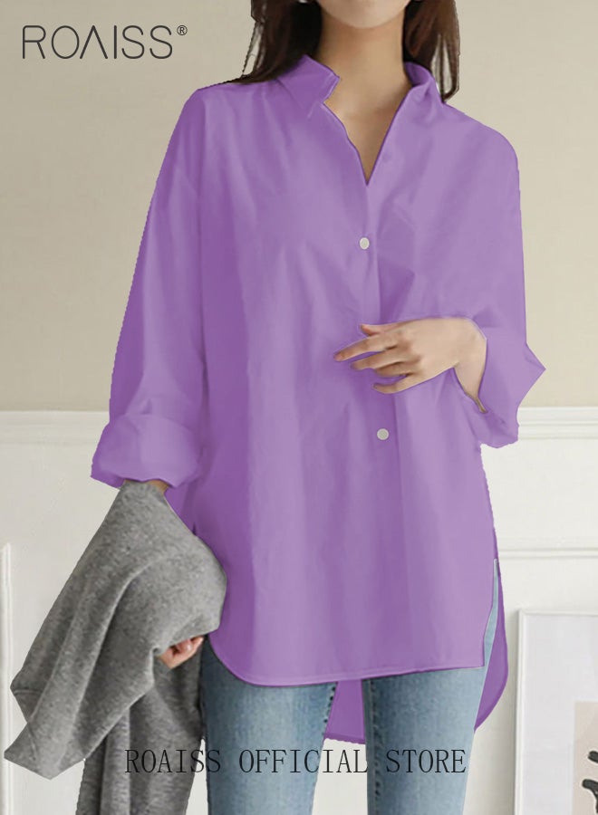 Ladies Comfortable Lapel Shirt for Daily Commute - Single-Breasted Long Sleeve Top with Simple Solid Color Design and Loose Fit