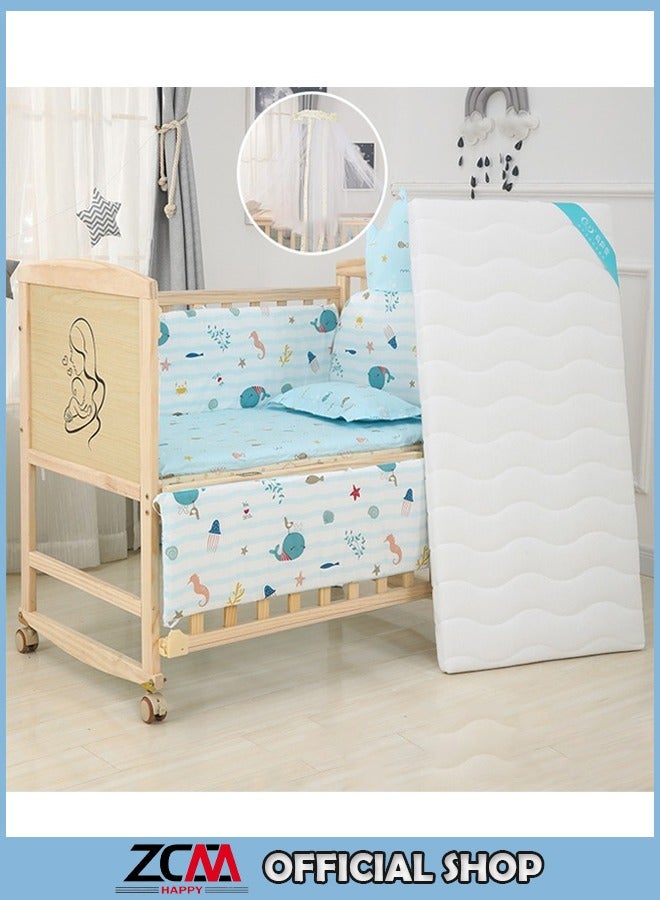 Multifunctional Solid Wood Bed Set For Newborn Baby With Mobile Cradle, Mosquito Net And Mat