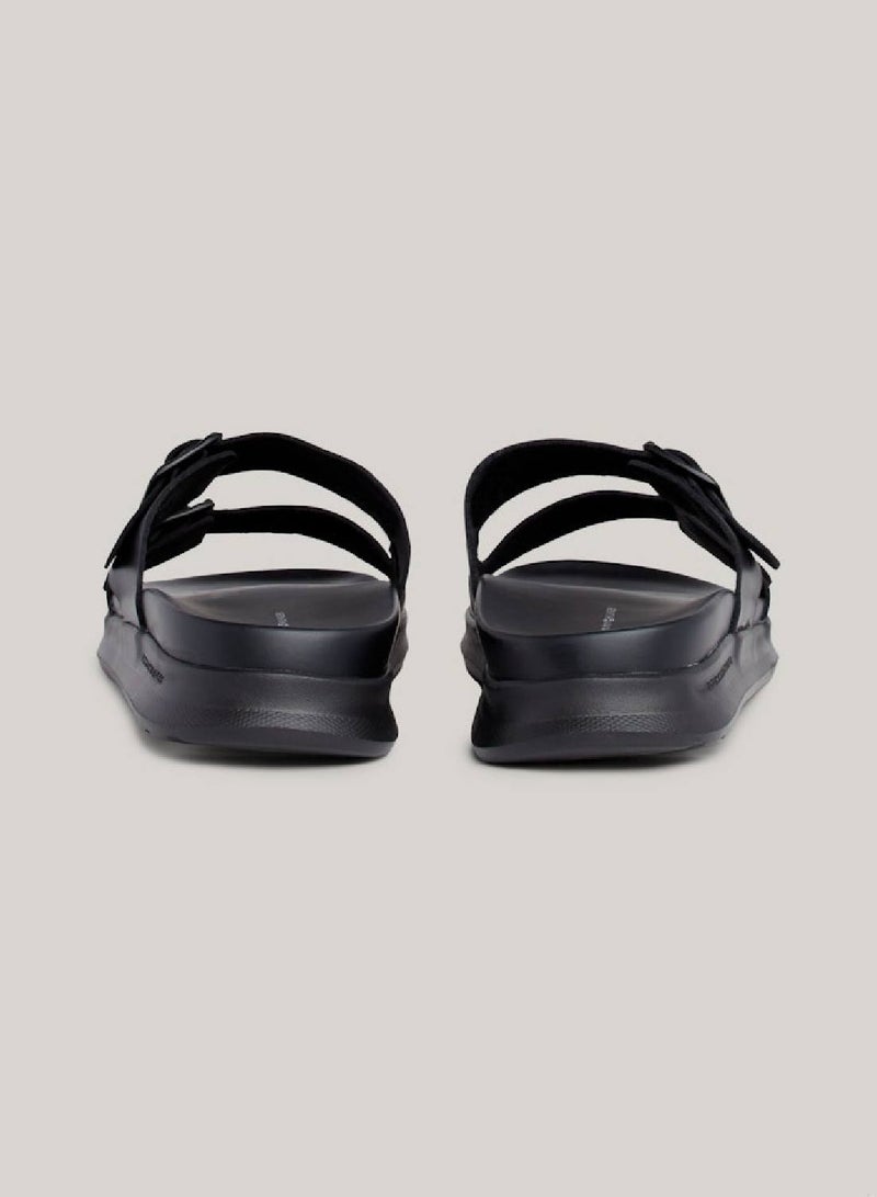 Men's Leather Buckle Sandals/ Flip Flops -  Leather upper, Black