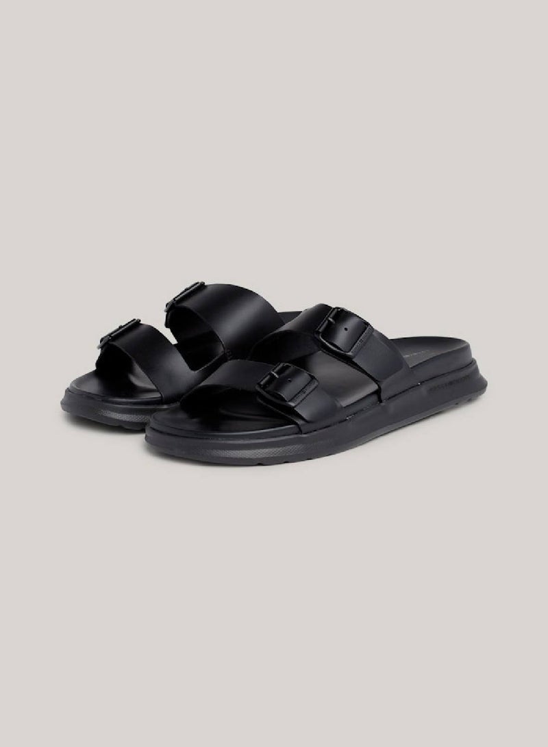 Men's Leather Buckle Sandals/ Flip Flops -  Leather upper, Black